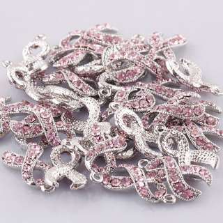 50X Lot Pink Crystal Ribbon Charms Pendant Bead Findings Breast Cancer 