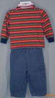 Navy Blue Pants Red Blue Green Stripe Polo Top Set Toddler Boys 18M 