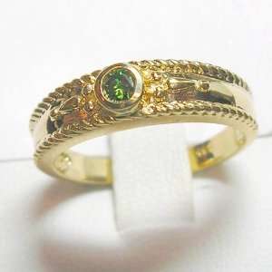  14K Yellow Gold Etruscan Style Green Diamond Ring: Jewelry