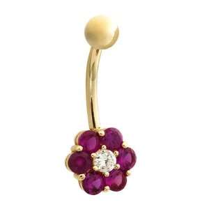    Magenta Daisy Flower 14K Yellow Gold Belly Button Ring: Jewelry