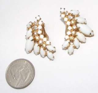   Milk glass & ab rhinestone Clip on EARRINGS set costume jewelry