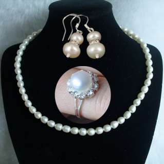 Solid Freshwater Genuine Pearl Necklace Earring Ring  