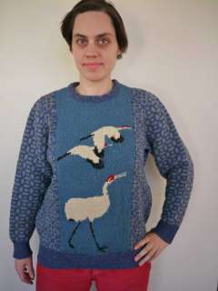 RARE 1985 DIA Hand Knit Cranes Herons USA Wool Sweater  