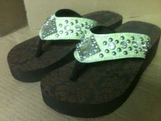   Green Western Diamond Cut Rhinestone Jewel Flip Flop Sandals  