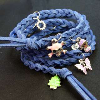 Fashion Pendant Velvet Rope Braid Blue Leather Bracelet  