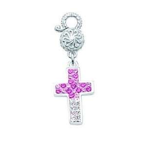    Sterling Silver Pink and White Crystal Cross Charm Jewelry