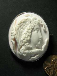 ANTIQUE SILVER PINK CONCH SHELL CAMEO BROOCH MEDUSA  