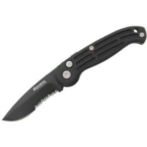 Magnum Knives M117 Black Small Part Serrated Drop Point Button Lock 