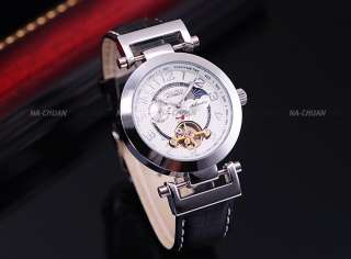   Mechanical Silver Case Automatic Sun Moon Black Leather Watch Gift