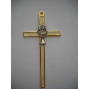 First Communion Wall Cross with Chalice Design and White Inlay