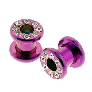  Stainless Steel Screw On Purple Plugs with Clear Crystals 