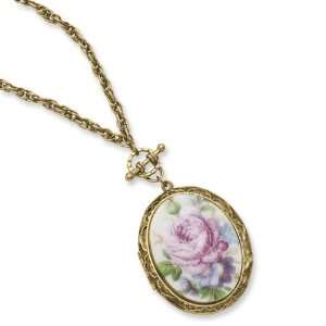  1928 Gold tone Pink Flower Decal Locket 30 Inch Necklace 