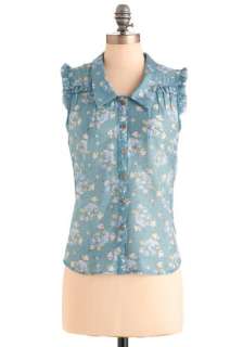   , Blue, Floral, Buttons, Casual, Sleeveless, White, Ruffles, Spring