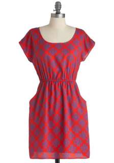 Letterpress Junket Dress   Mid length, Casual, Red, Blue, Print 