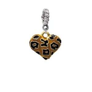 Translucent Cheetah Print Heart   Two Sided Gold Plated European Charm 