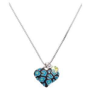  Hot Blue Enamel Cheetah Print Heart Charm Necklace with AB 