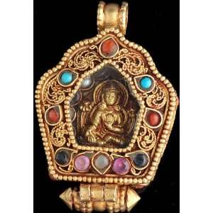 Goddess Green Tara Gold Plated Gau Box Gemstone Pendant (Coral, Ruby 