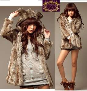 Teddy Bear Ears Hoodie Furry Fur Jacket Coat C126 xs s  