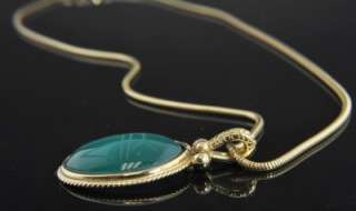   14K Gold Green Onyx Carved Scarab Pendant Snake Chain Necklace  