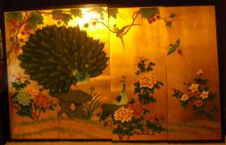   Asian Peacock Nature Scene 4 Panel Custom Painted Gold Wood Wall Decor