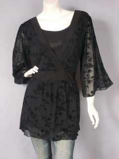 Black Flocked Floral Sheer Layered Look Kimono Tunic XL  