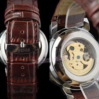NICE Lady Women Automatic Brown Leather Crystal Gold Mechanical Wrist 