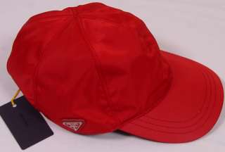 PRADA HAT $385 RED PRADA LOGO CREST ORNAMENTED NYLON/LEATHER BALL CAP 