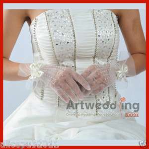 ivory 9 Wrist bead bowknot Lace Bridal Wedding Gloves  