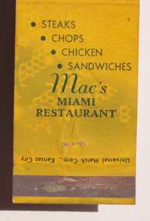 1940s Matchbook Macs Restaurant Miami OK Ottawa Co MB  