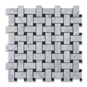   Marble Honed Basketweave Mosaic Tile with Black Dots   6 X 6 Sample