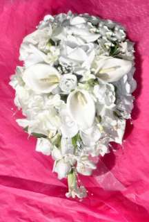  CALLA LILIES Lily Roses BRIDAL Cascade Bouquet Silk Wedding Flowers 