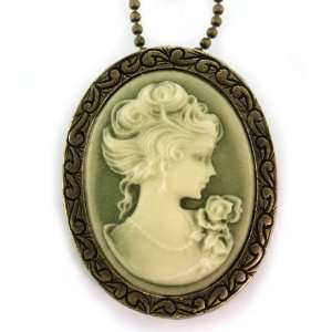 Deep Dark Green Cameo Pendant Necklace Charm Classic Antique Bronze 