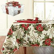   Holiday Season Red Poinsettia & Gold Ribbons 60x102 Fabric Tablecloth