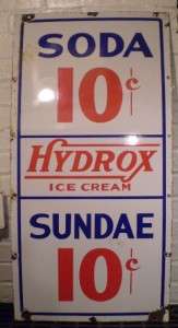 1940s Hydrox Ice Cream Soda PORCELAIN Drug Store Fountain SIGN Antique 