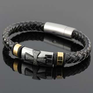   Steel and Black Leather Celtic Cross Greek Key Unisex Bracelet  