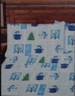 Flannel Full Sheet Set~Christmas Snowmen~Blue~Winter~Holiday Tree 