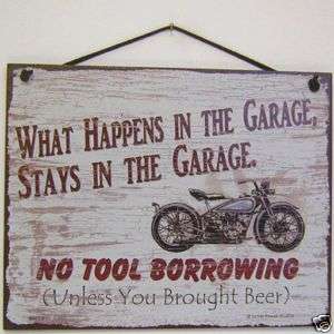 SIGN WHAT HAPPENS GARAGE tools beer motorcycle 894Lb  