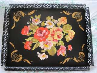 Coral Roses Near Mint Hand Painted Black Tole Tray   Curled Openwork 