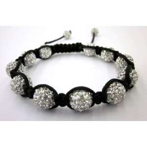 Shamballa Bracelet White Pave Crystal Balls with Black Cord Adjustable 