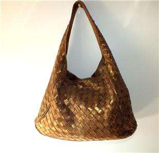 MICHAEL KORS Large Gold Basket Weave Leather Hobo Shoulder Purse Bag 