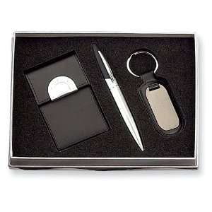  Black Business Card Holder, Pen and Key Ring Set: Jewelry