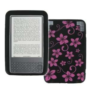  Kindle 3 Black with Hot Pink Hawaiian Flowers Design Silicone Skin 