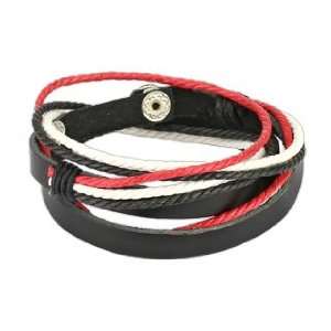 Black Leather Double Wrap Bracelet with Red Black and White Knots 