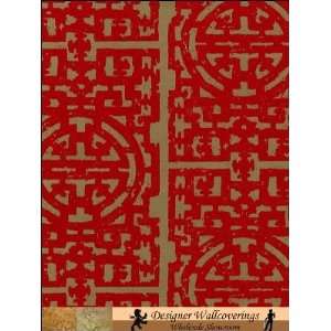 Chinese Fret Flocked Velvet Wallpaper   Red Flock on aged gold  
