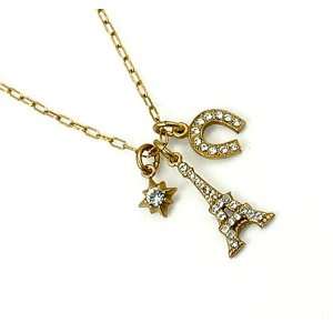  Gold Charm Necklace With Eiffel Tower, Lucky Horseshoe 