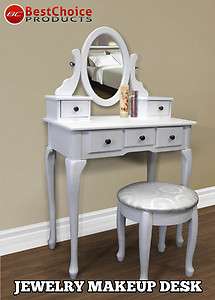 Vanity Table Jewelry Makeup Desk Bench Drawer White Solid Wood 