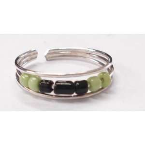  Green & Black Beads Silver Toe Ring 