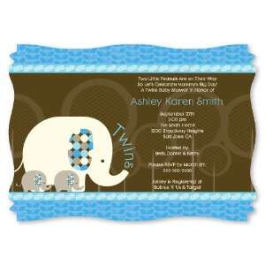  Twin Blue Baby Elephants   Personalized Baby Shower Invitations 